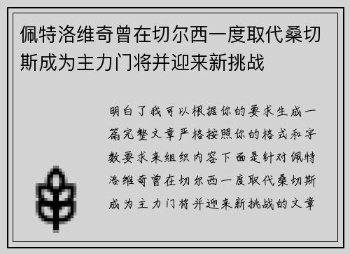 佩特洛维奇曾在切尔西一度取代桑切斯成为主力门将并迎来新挑战