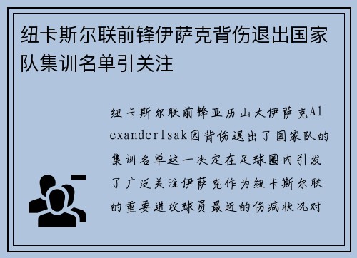 纽卡斯尔联前锋伊萨克背伤退出国家队集训名单引关注 纽卡斯尔联前锋伊萨克背伤退出国家队集训名单引关注